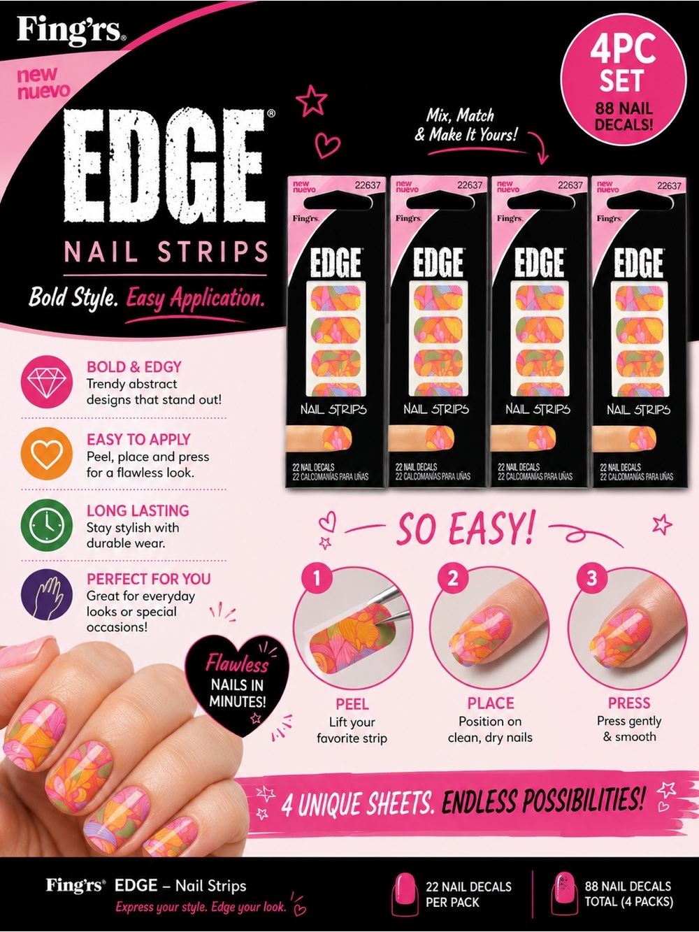 Fing'rs EDGE Floral Nail Strips — Pink, Orange & Yellow 4pc set